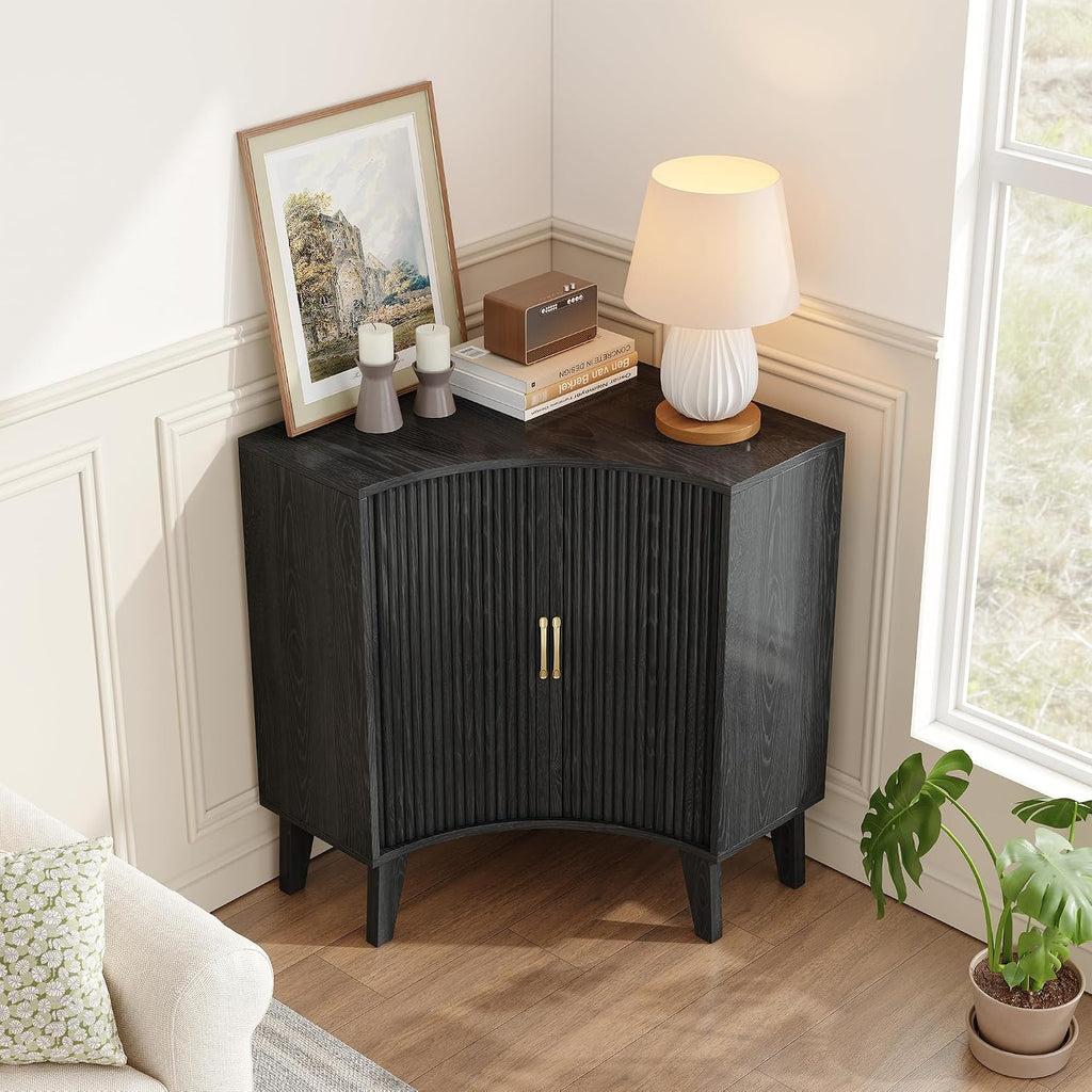 Fluted Corner Cabinet, Small Corner Floor Cabinet with 2-Sliding Doors and Adjustable Shelves, Freestanding Narrow Organizer for Small Space,Living Room, Dining RoomBathroom.Black