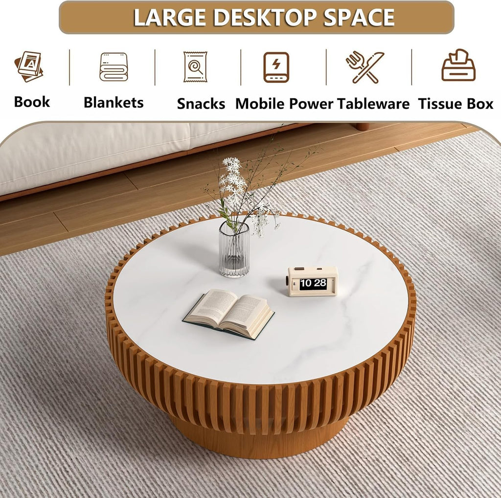 Round Handcraft Fluted Coffee Table with Sturdy Stable Pedestal Modern Luxury Drum Center Table Circle Accent Base Center Tables for Living Room Apartment (R)