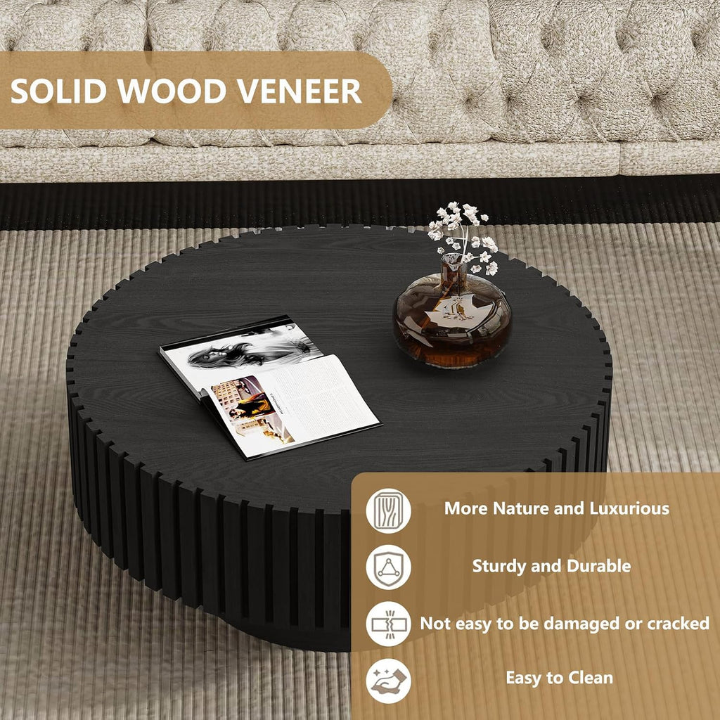 Round Handcraft Fluted Coffee Table with Sturdy Stable Pedestal Modern Luxury Drum Center Table Circle Accent Base Center Tables for Living Room Apartment (F)