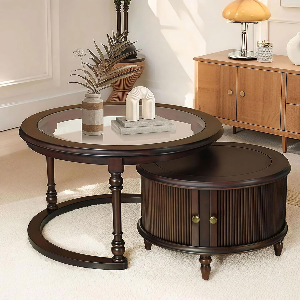 31.5' Nesting Coffee Table Set of 2, Modern Round Center End Side Table for Living Room with Storage Drawer, Dark Brown