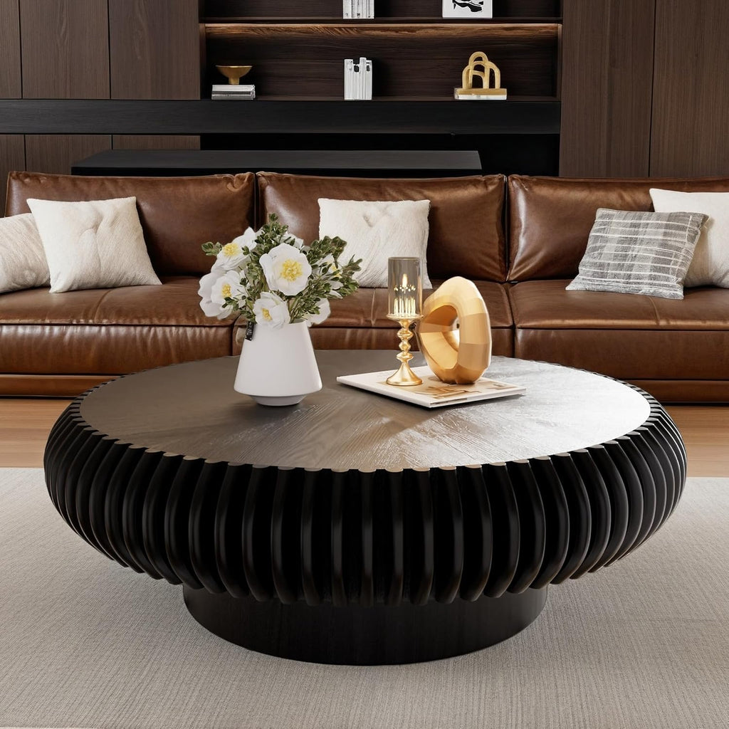 Black Round Drum Coffee Table Modern Circle Drum Fluted Wood Tea Table, Contemporary Center Table for Living Room (A Black 39.37' inch)