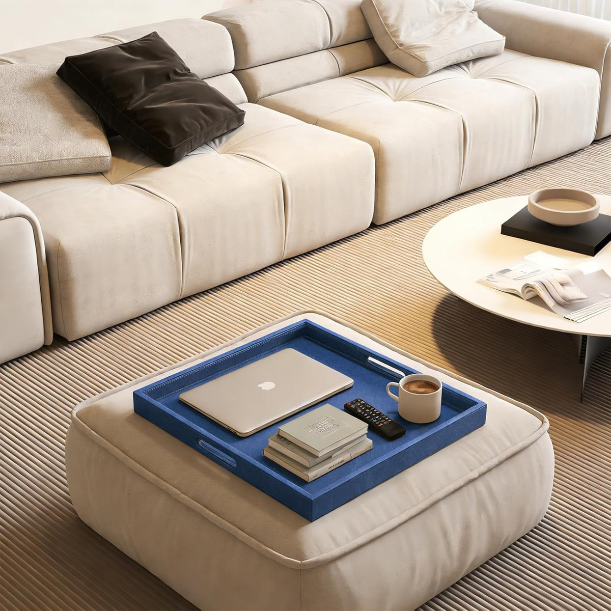 30 x 30 inches Leather Ottoman Serving Tray with Hole Handles, Square Extra Large Modern Service Tray for Living Room, Coffee Table, Bed, Tea, Food, Butler Countertop, Kitchen, Dinner, Picnic (Blue)