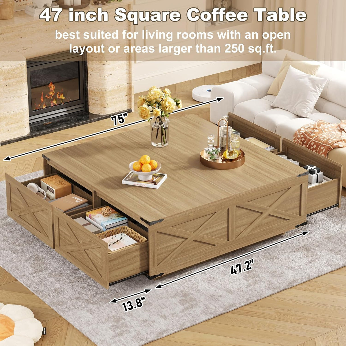 St.Mandyu 47' Farmhouse Square Coffee Table with 4 Drawers Extra Large Coffee Table with Storage Wooden Large Coffee Tables for Living Room Square Center Table for Home Office Natural