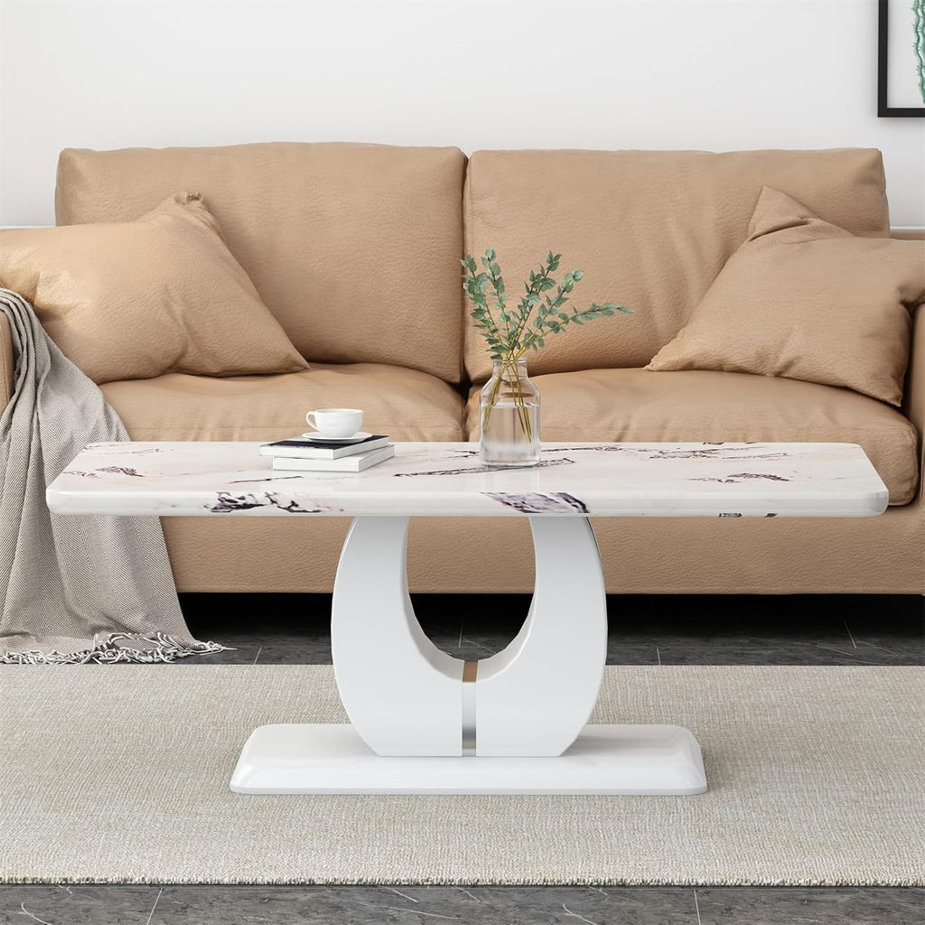 LKTART Rectangle Coffee Table for Living Room, Imitation Marble Coffee Tables with Storage, Modern Stable Base Accent Center Tea Table for Dining Room Small Space Apartment (43.3''L×22.4''H-White)