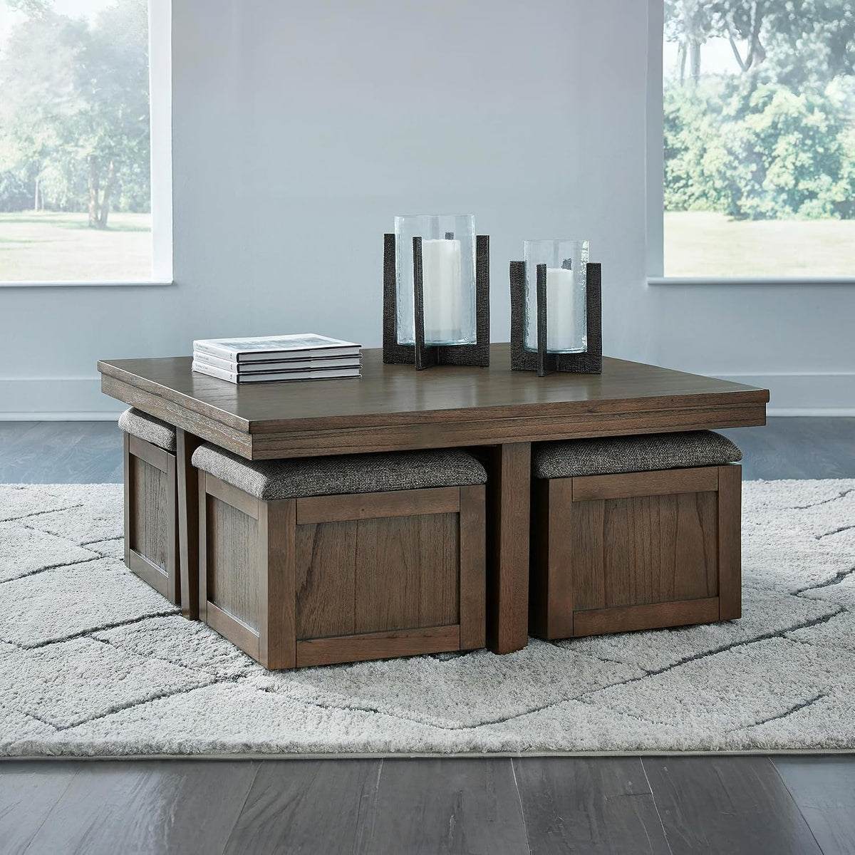 Signature Design by Ashley Boardernest Casual Coffee Table with 4 Storage Stools, Dark Brown