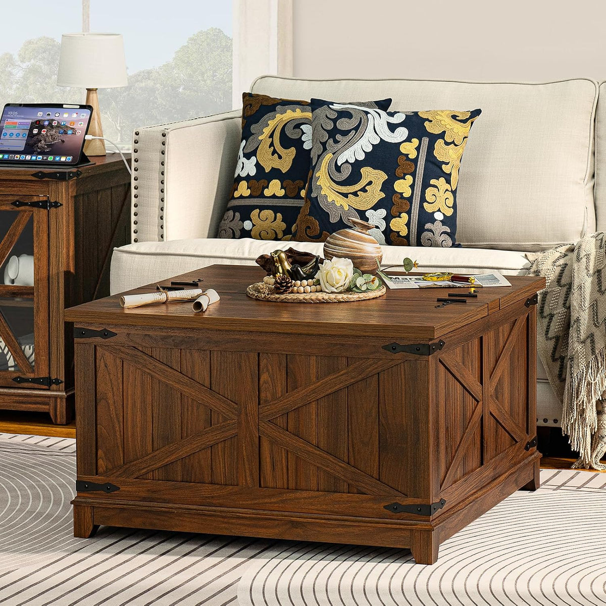 Joaxswe Farmhouse Coffee Table Sets 3 Pieces, Narrow Night Stand with Glass Barn Door Storage, Large Coffee Tables with Hidden Storage Organizer, Wood Furniture Sets for Living Room, Office, Brown
