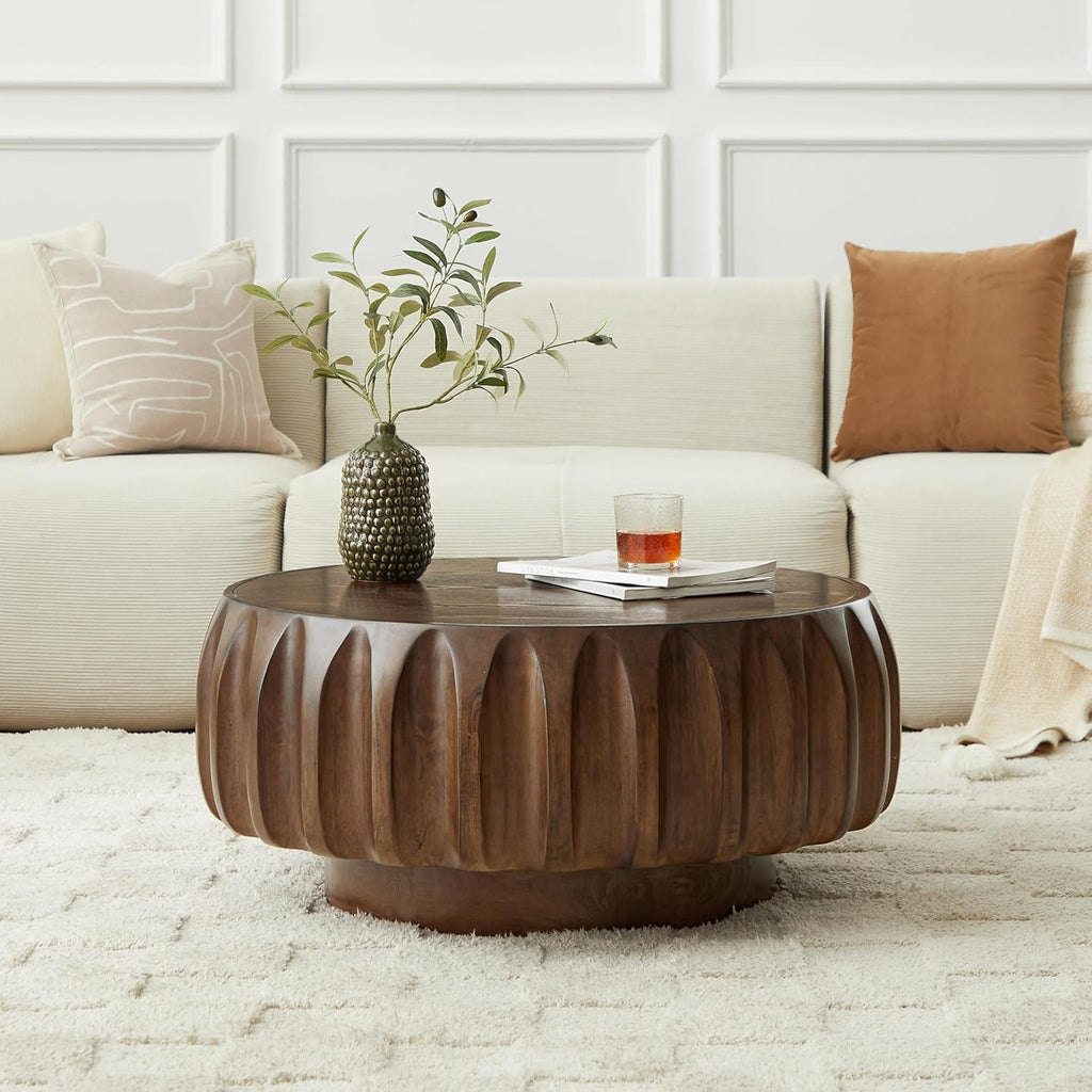 31.5' Circle Coffee Table with Minimalist Curved Fluted & Ash Veneer, Modern Wood Round Center Table, Drum Tea Table Accent Side End Table for Living Room Apartment, Walnut