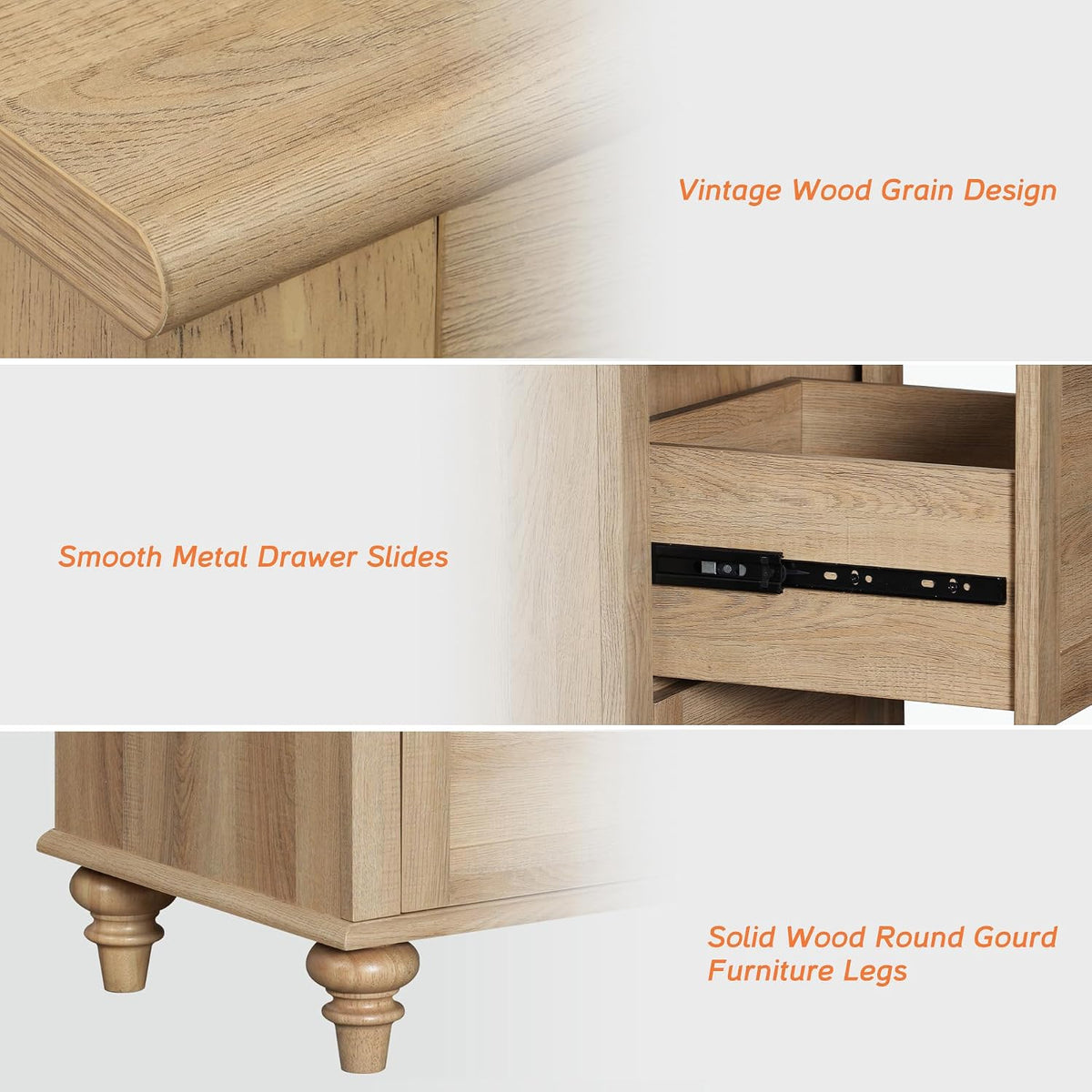 WAMPAT 3 Pieces Wooden Living Room Table Set, One Farmhouse Coffee Table with Storage Cabinet & Drawer, Set of 2 End Tables Nightstands with Charging Station, Oak