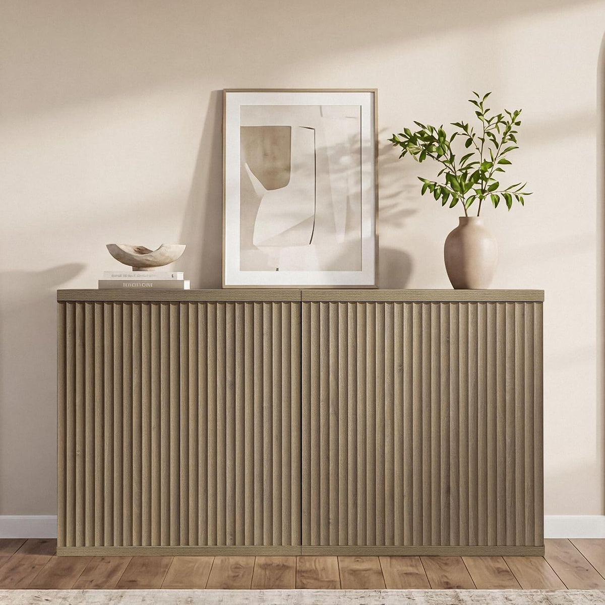 SICOTAS Buffet Cabinet with Storage Accent Sideboard Modern Credenza with Doors & Shelves Fluted Media Console Mid Century Coffee Bar Table for Living Room Kitchen Dining Room Hallway (4PCS)