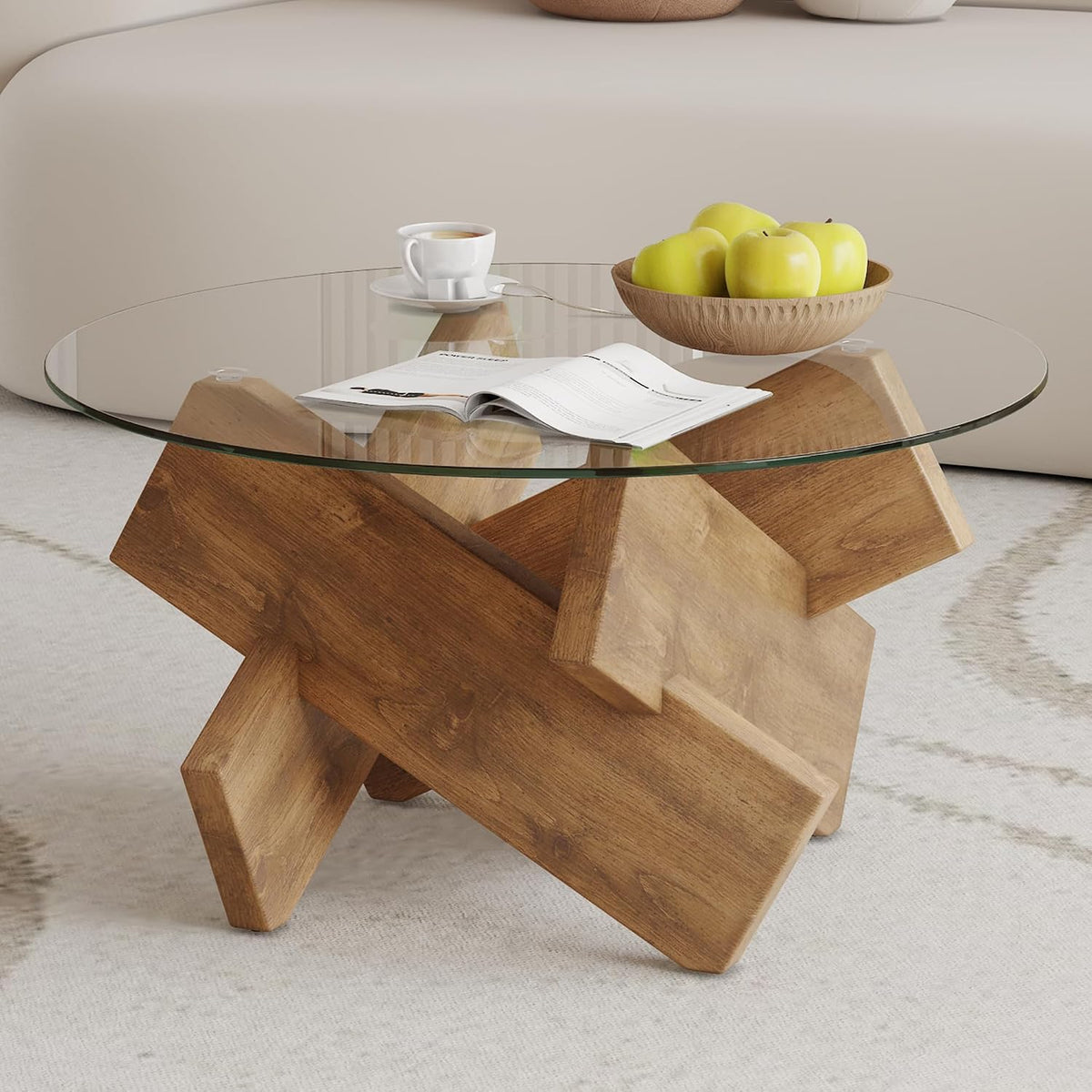 Glass Coffee Tables for Living Room Modern Elegant Round Coffee Table Mid Century Farmhouse Center Table with Wooden Base and Tempered Glass Tabletop, Easy Assembly,33.4 inch