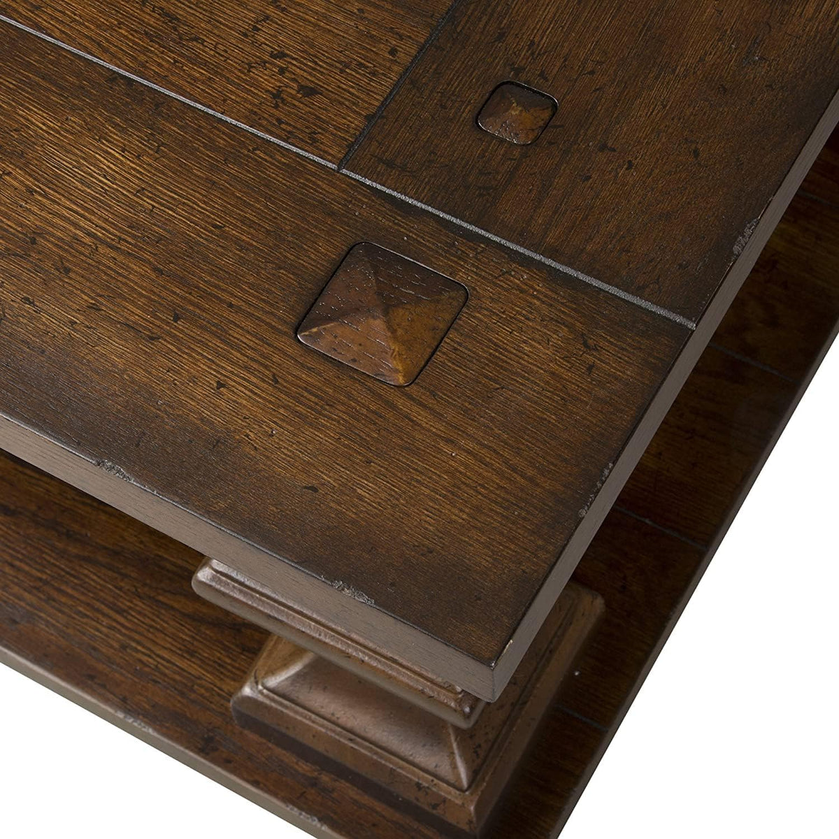 Pemberly Row Traditional Wood Cocktail Table, Brown Finish, Spanish Style Turned Legs, Heavy Planked Top, Bottom Shelf, Square Peg Accents, 50 in Wide Coffee Table for Living Room Storage and Display