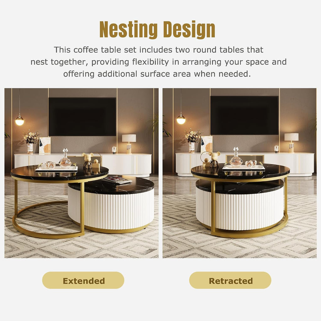 31.5' Black Round Nesting Coffee Table, Modern Coffee Table for Living Room with Storage Drawer Marble Tabletop End Side Table for Bedroom Dining Room