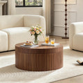 Modern Round Coffee Table with Storage, 31.49' Wooden Round Fluted Coffee Table, Circular Center Tables for Living Room Apartment, No Need Assembly, Walnut