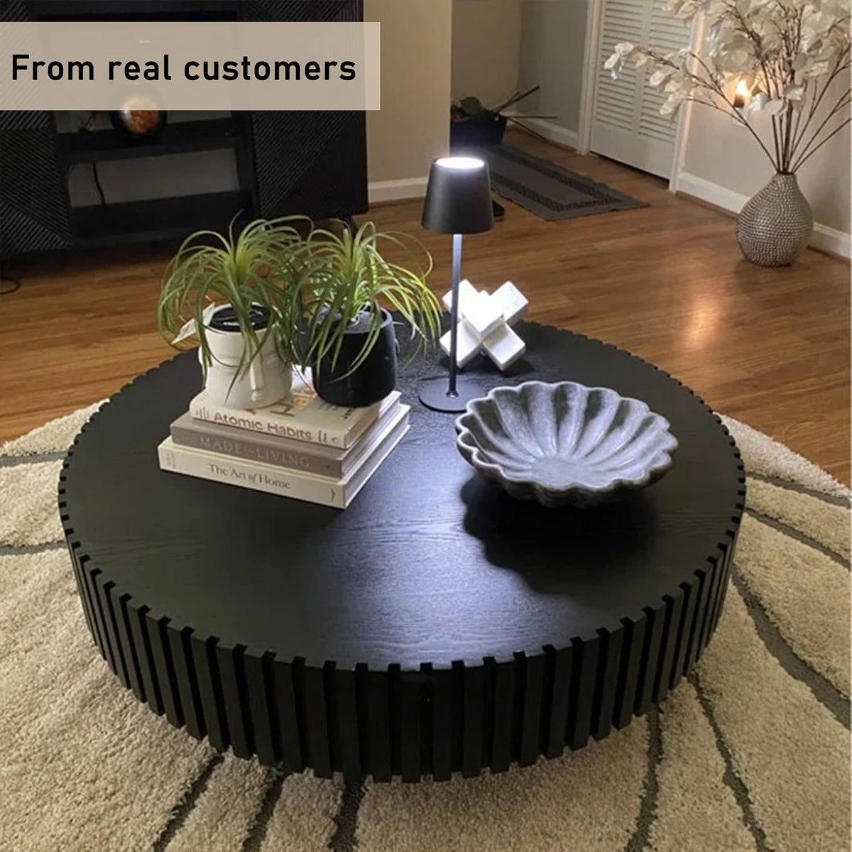 Round Coffee Table, 39.37' Coffee Table, Wood Coffee Table for Living Room, Handcrafted Relief Carving, Easy Assembly, Black
