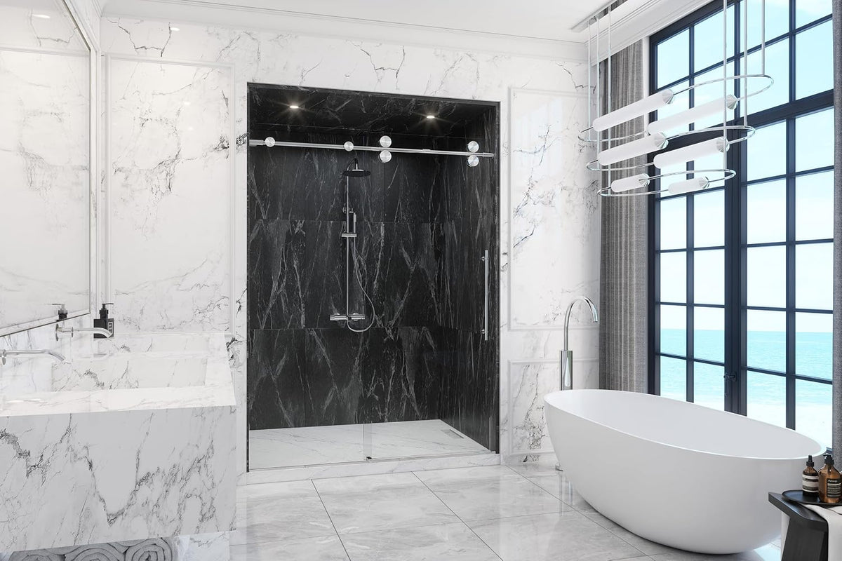 Montage 57.25-59' W x 78' H Euroglide Frameless Shower Door with 3/8' Clear Tempered Glass (Polished Stainless)
