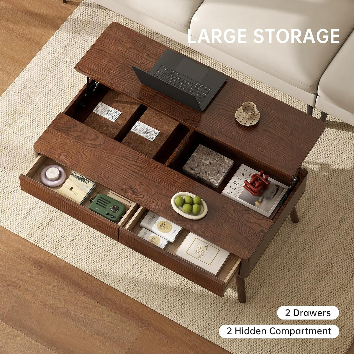 100% Solid Wood Lift Top Coffee Table for Living Room, Mid Century Modern Tables with Drawers and Large Storage, Oak Wood Coffee Tables for Small Spaces (Oak Walnut Color, 47.24'W x 23.62'D x 25.59'H)
