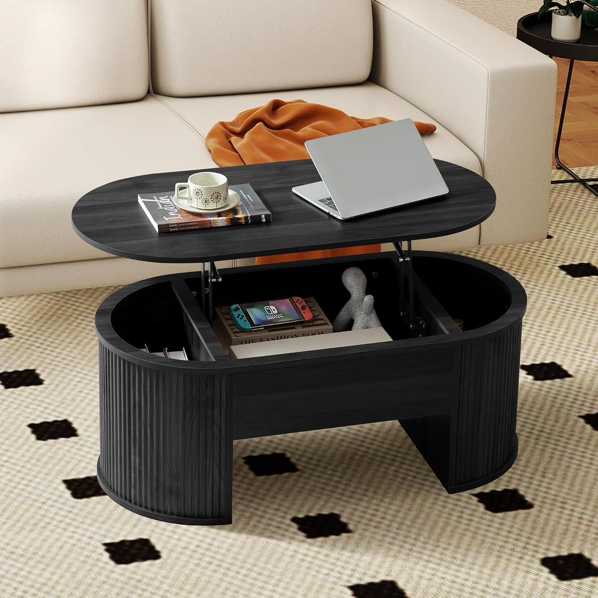 ORRD Lift Top Coffee Table, Fluted Coffee Table with Lifting Top, Wooden Lift Up Dining Table with Hidden Compartment, Center Table for Living Room, Office - Black