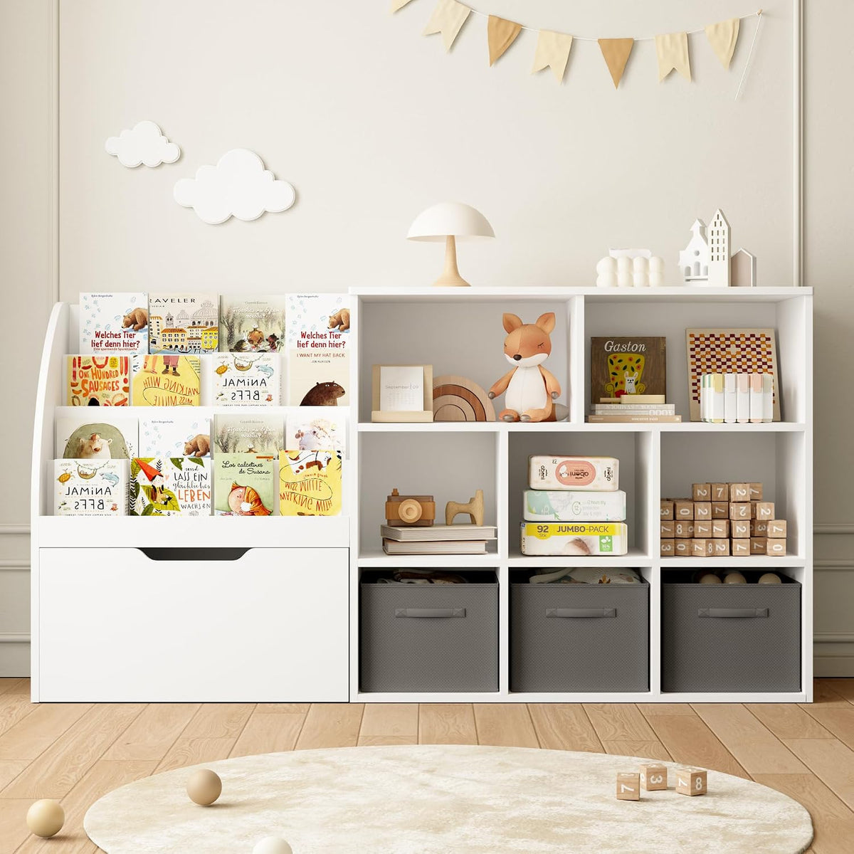 Kids Bookshelf and Toy Storage, 58.5'' Toy Storage Organizer with Movable Chests & 3 Storage Bins, Large Kids Reading Nook Toy Organizers and Storage with 5 Cubbies for Playroom, Bedroom, White