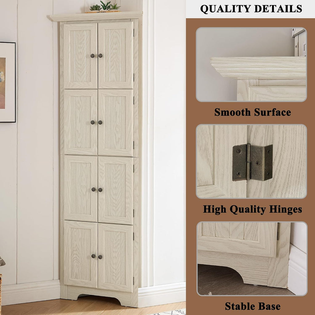 72' H Farmhouse Corner Storage Cabinet with 8 Doors & 4 Shelves, 4 Tier Kitchen Corner Pantry Cabinet Wooden Organizer Case Bookshelf, Home Space Saver Cabinet for Kitchen,Living Room(White)