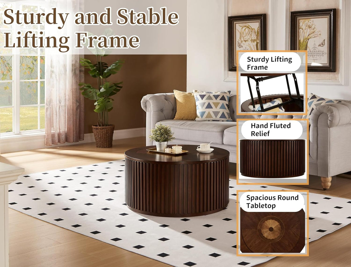 Round Lift Top Coffee Table with Storage, Wood Circle Center Table No Assembly Required with Large Hidden Compartment, Modern Drum Coffee Table for Living Room, Office (31'x31'x16')