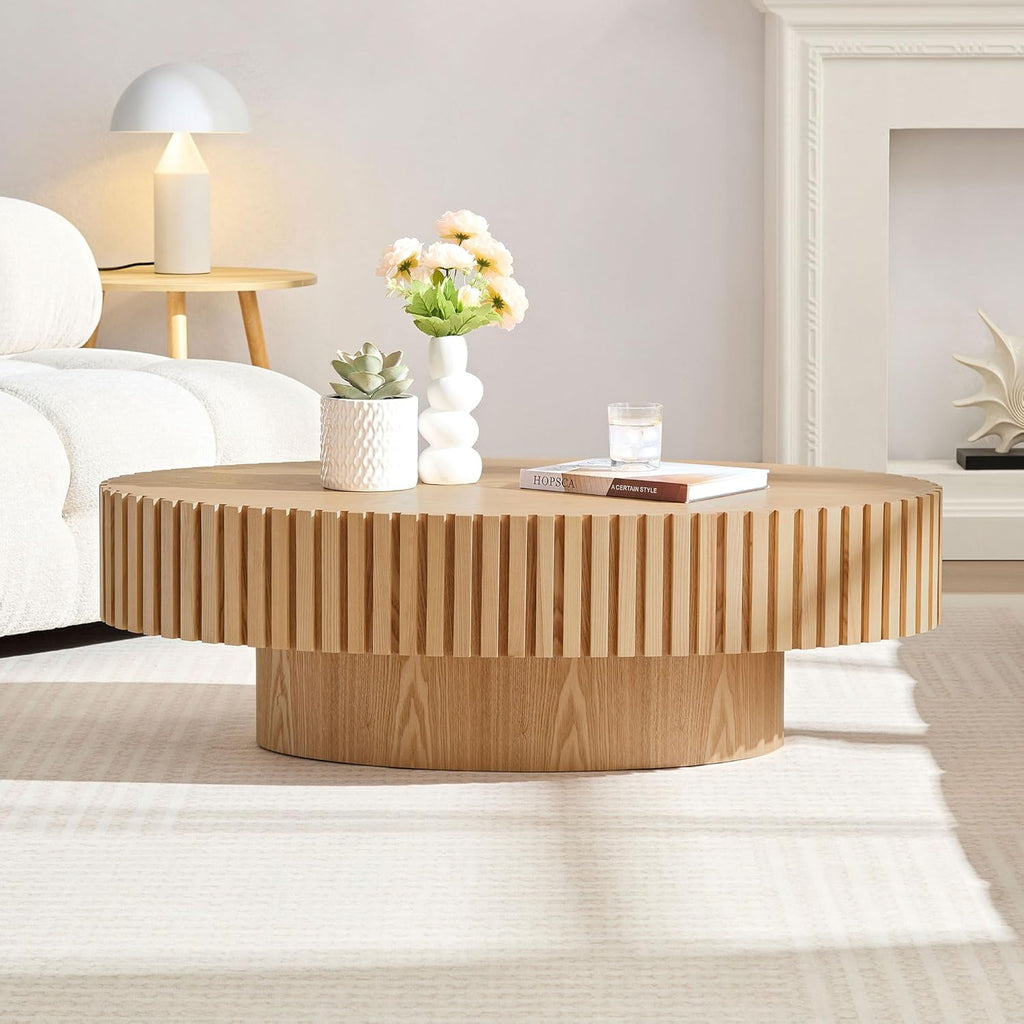 43.31' Natural Ash Oval Coffee Table for Living Room, Wood Drum Pedestal Table Farmhouse Boho Modern Nesting Round Center Table with Handcrafted for Small Space Apartment, Easy Assembly, Oak