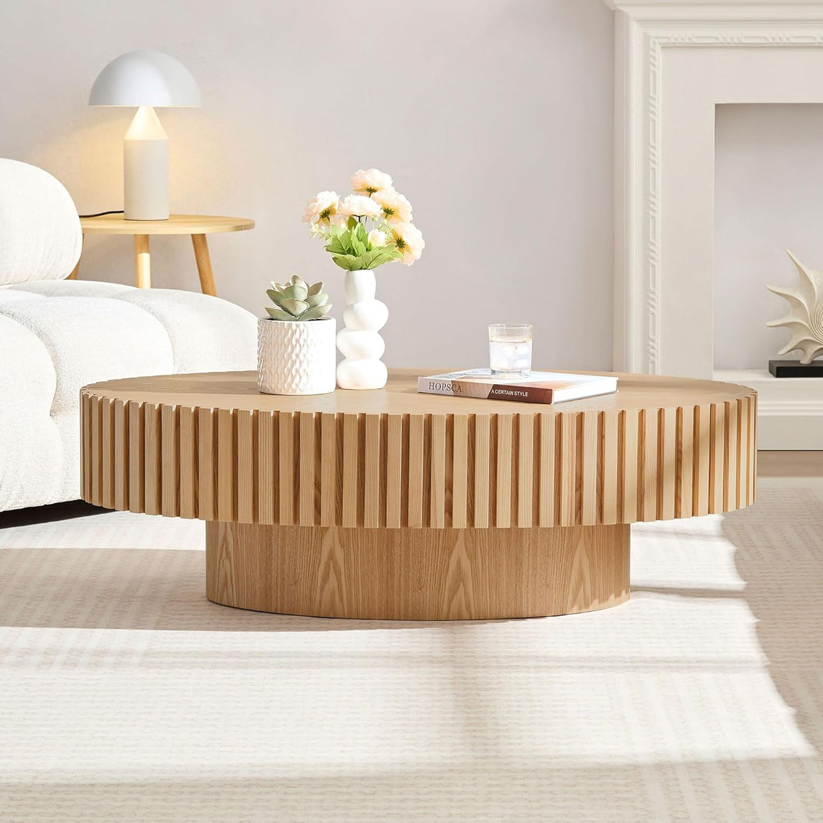 43.31' Natural Ash Oval Coffee Table for Living Room, Wood Drum Pedestal Table Farmhouse Boho Modern Nesting Round Center Table with Handcrafted for Small Space Apartment, Easy Assembly, Oak