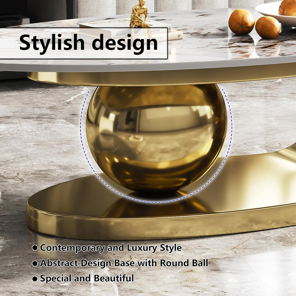 Gold Oval Coffee Table with Stainless Steel Legs,49' Faux Marble Coffee Table with Spherical Base,Luxury Coffee Tables for Living Room