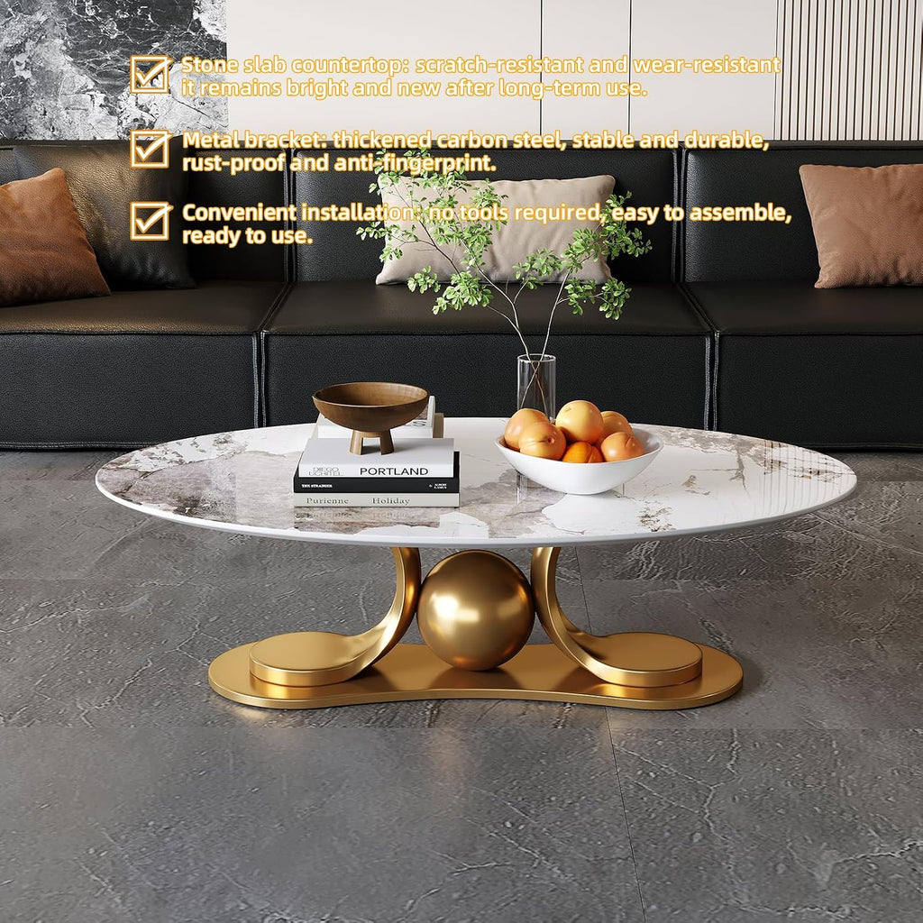 JIJIWANG 51.1' Oval Coffee Table with Gold Stainless Steel Pedestal, Luxury Faux Coffee Table with Marble Top, Sintered Stone Cocktail Center Tables for Apartment Office Easy Assembly Gold