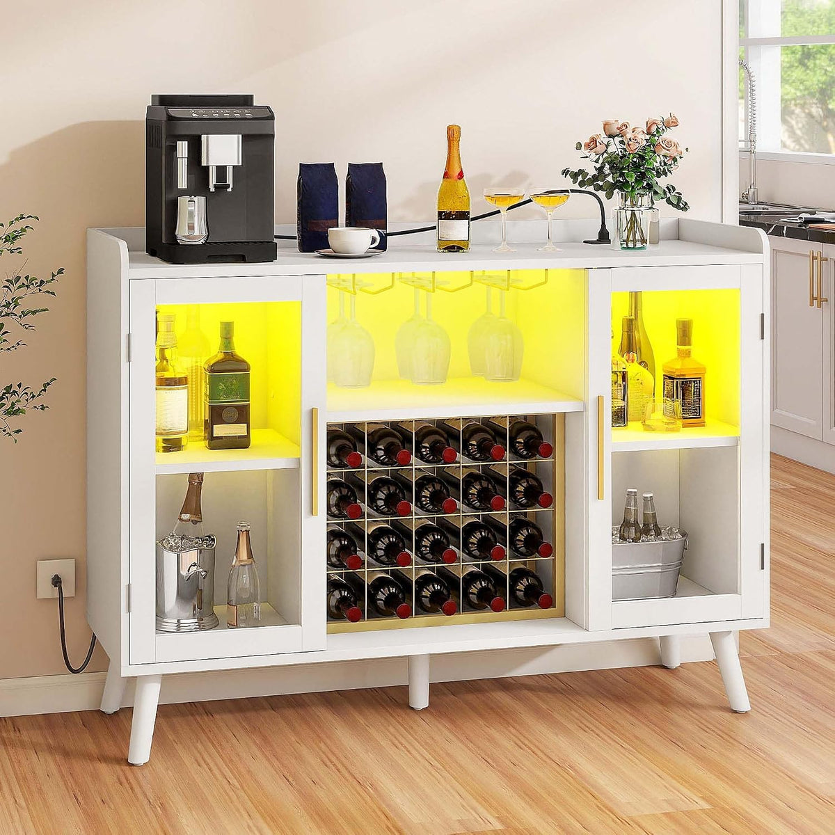 DWVO Wine Bar Cabinet with Led Lights & Power Outlets, 53' Coffee Bar Cabinet for Liquor and Glasses, Modern Buffet Sideboard with Storage for Kitchen, Dining & Living Room, White