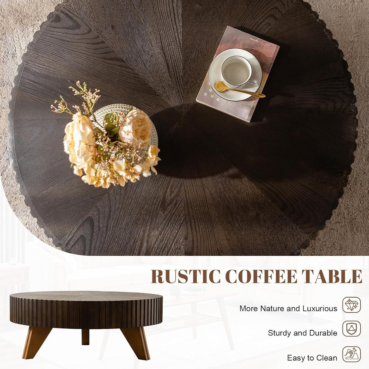 35.4'' Round Coffee Table Wood, Modern Fluted Circle Coffee Table for Living Room, Unique Rustic Farmhouse Center Tea Table with Solid Wood Veneer and Sturdy 3 Legs, Easy Assembly, Brown