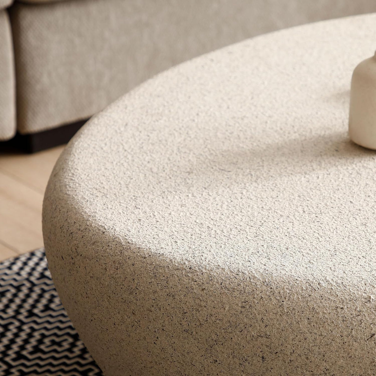 43.3' Faux Stone Coffee Table Modern Unique Coffee Table Oval Center Tables Round Edge Design Fiberglass Oval Accent Tables for Living Room Office Apartment No Assembly, Cream White