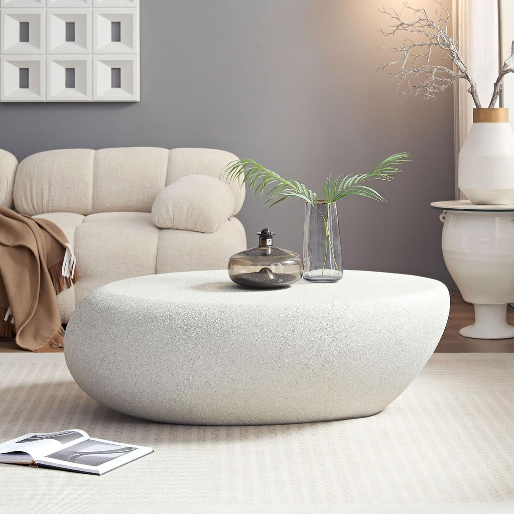 LKTART Oval Minimalist Coffee Table for Living Room Contemporary Simple Fiberglass Table, Modern Matte Stone Coffee Table for Apartment, No Assembly (Beige, 43.31 Inch)