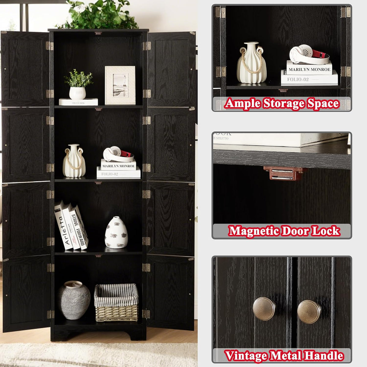 72' H Farmhouse Storage Cabinet, 4 Tier Kitchen Pantry Cabinet with 4 Shelves, 8 Doors Freestanding Floor Storage Cabinet Wooden Organizer Bookcase for Living Room & Kitchen (Black)