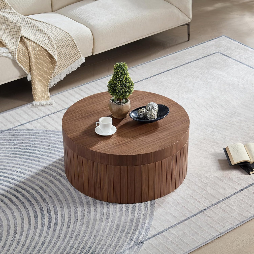 Modern Round Coffee Table with Storage, 31.49' Wooden Round Fluted Coffee Table, Circular Center Tables for Living Room Apartment, No Need Assembly, Walnut