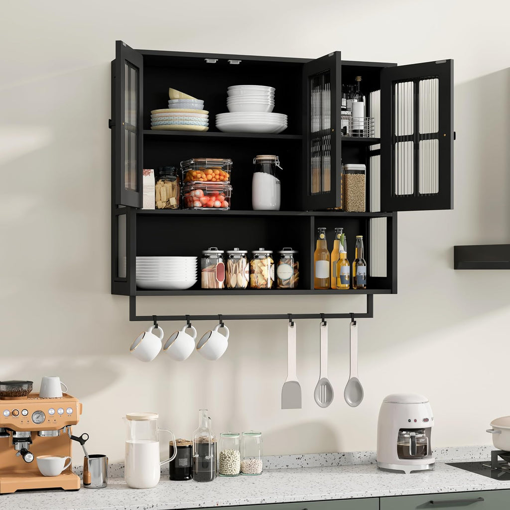 Bathroom Wall Cabinet Over The Toilet, 3 Door Wooden Medicine Cabinet with Open Shelf & Glass Door, Space Saving Storage Organizer with Towel Bar (Black)