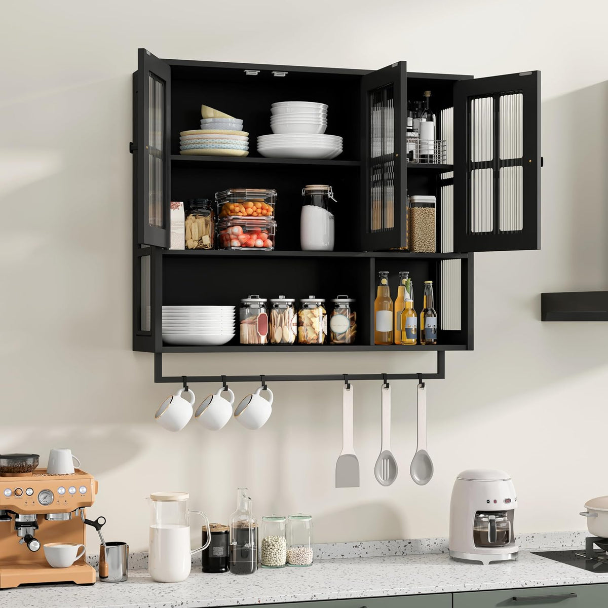 Bathroom Wall Cabinet Over The Toilet, 3 Door Wooden Medicine Cabinet with Open Shelf & Glass Door, Space Saving Storage Organizer with Towel Bar (Black)