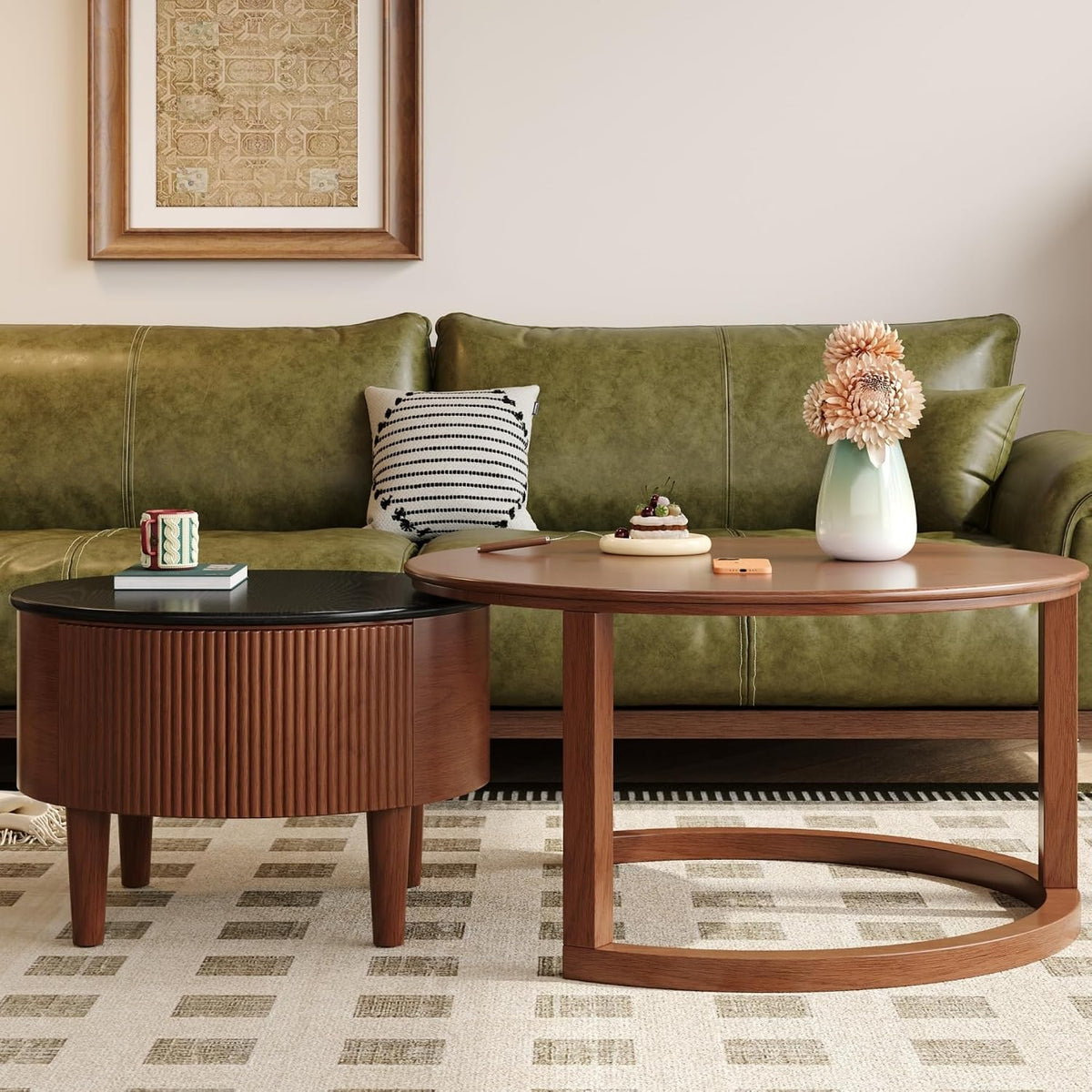 Merax 31.5'' Vintage Round Nesting Wood Coffee Table Set, 2-Tier with Drawer & Storage, Two-Tone Finish Fluted Design for Living Room Apartment, Walnut+Black
