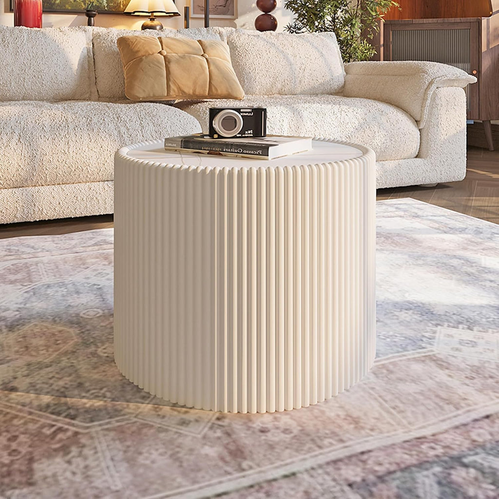 GDFStudio Modern Round Coffee Table, Luxury Sintered Stone Top Circle Side Table with PU Leather Drum Base, Creative Shape End Tables for Living Room Tea Tables, Fully Assembled, Milk White-Small