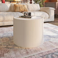 GDFStudio Modern Round Coffee Table, Luxury Sintered Stone Top Circle Side Table with PU Leather Drum Base, Creative Shape End Tables for Living Room Tea Tables, Fully Assembled, Milk White-Small