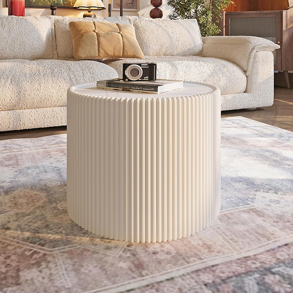 GDFStudio Modern Round Coffee Table, Luxury Sintered Stone Top Circle Side Table with PU Leather Drum Base, Creative Shape End Tables for Living Room Tea Tables, Fully Assembled, Milk White-Small