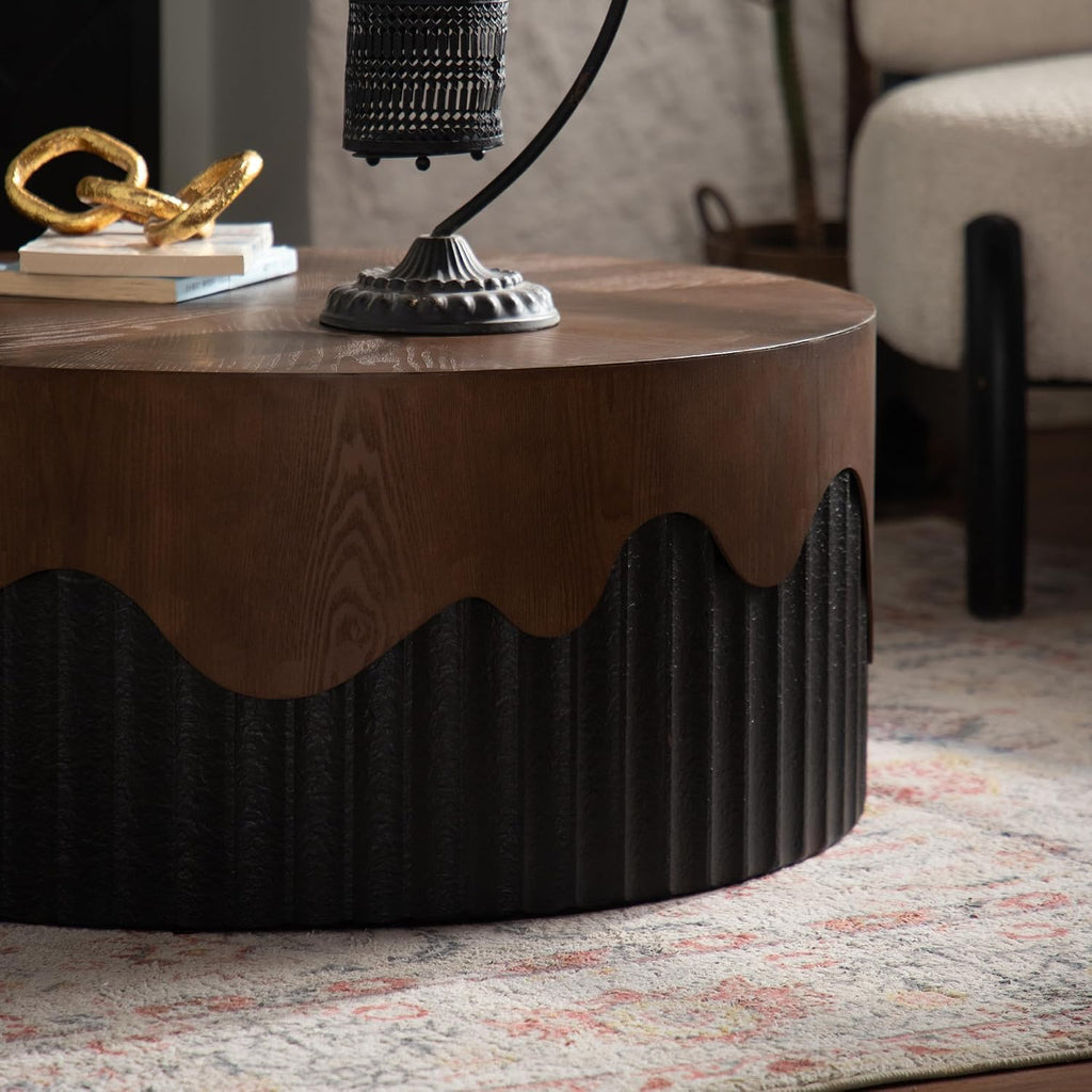 Round Coffee Table Wood Circle Modern Coffee Tables for Living Room Contemporary Fluted Center Wooden Drum Furniture Solid Wood for Apartment, Small Space No Need Assembly Ø 30.31',Walnut Brown