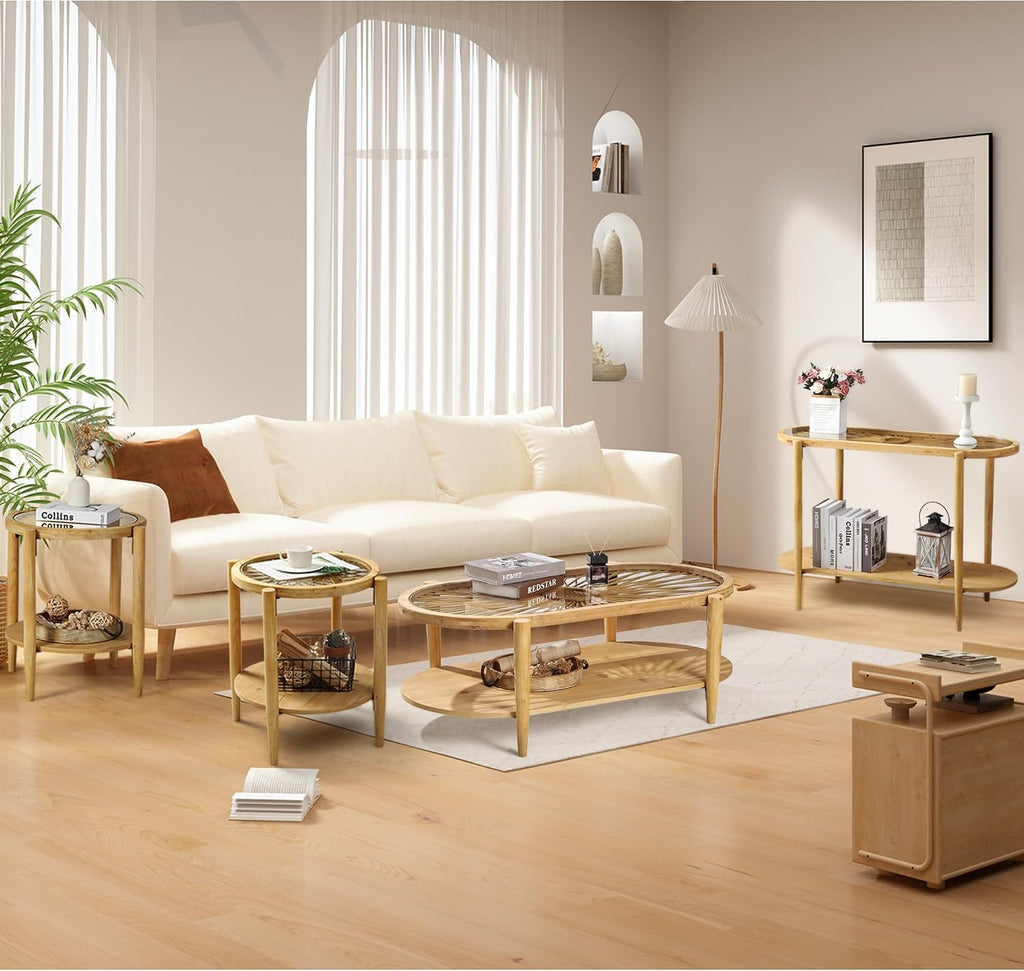 RUSTOWN Rattan Coffee Table Set of 3, Boho Living Room Table Set Includes Oval Coffee Table & 2 End Tables, 3-Piece Accent Sofa Side Tables Set with Rattan & Tempered Glass Top (Natural)
