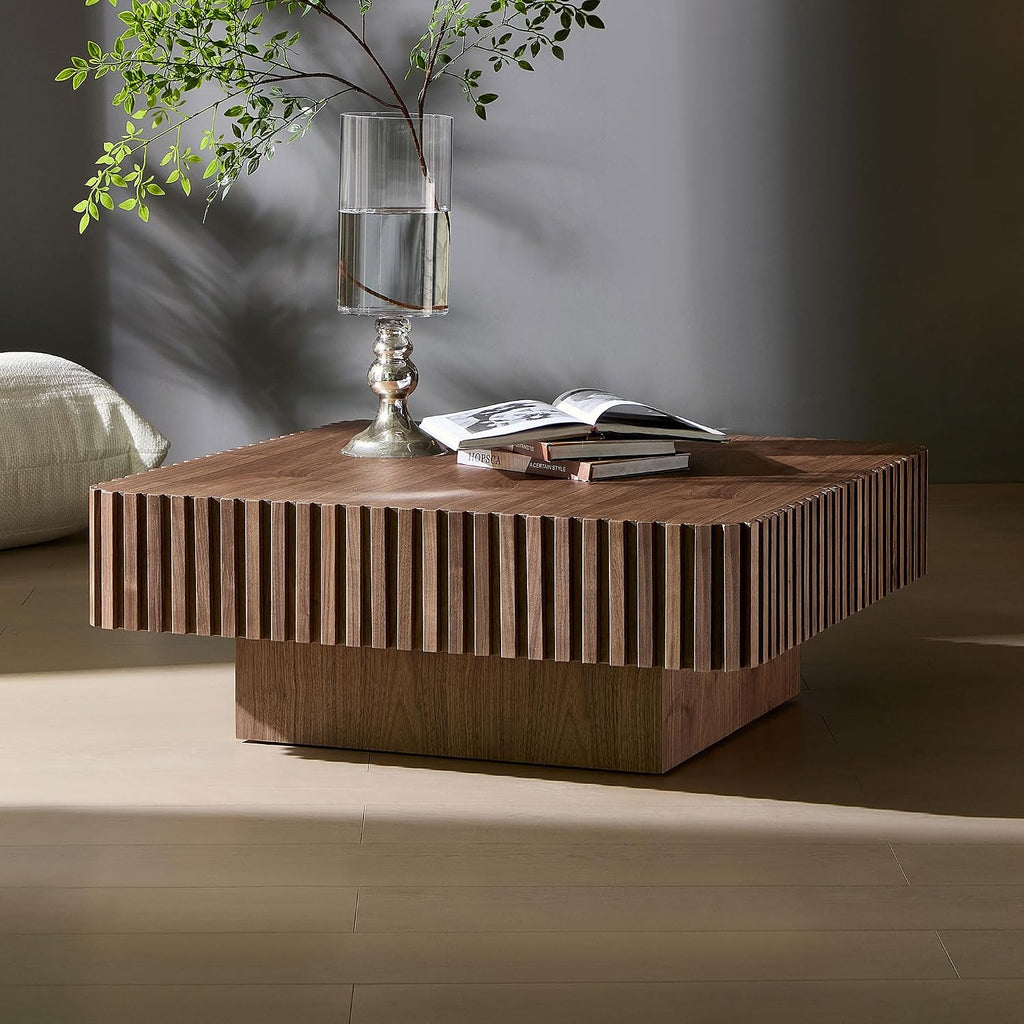 35.43' Modern Handcraft Square Drum Coffee Table for Living Room,Small Wooden Coffee Table with Sturdy MDF Pedesta, Walnut Color