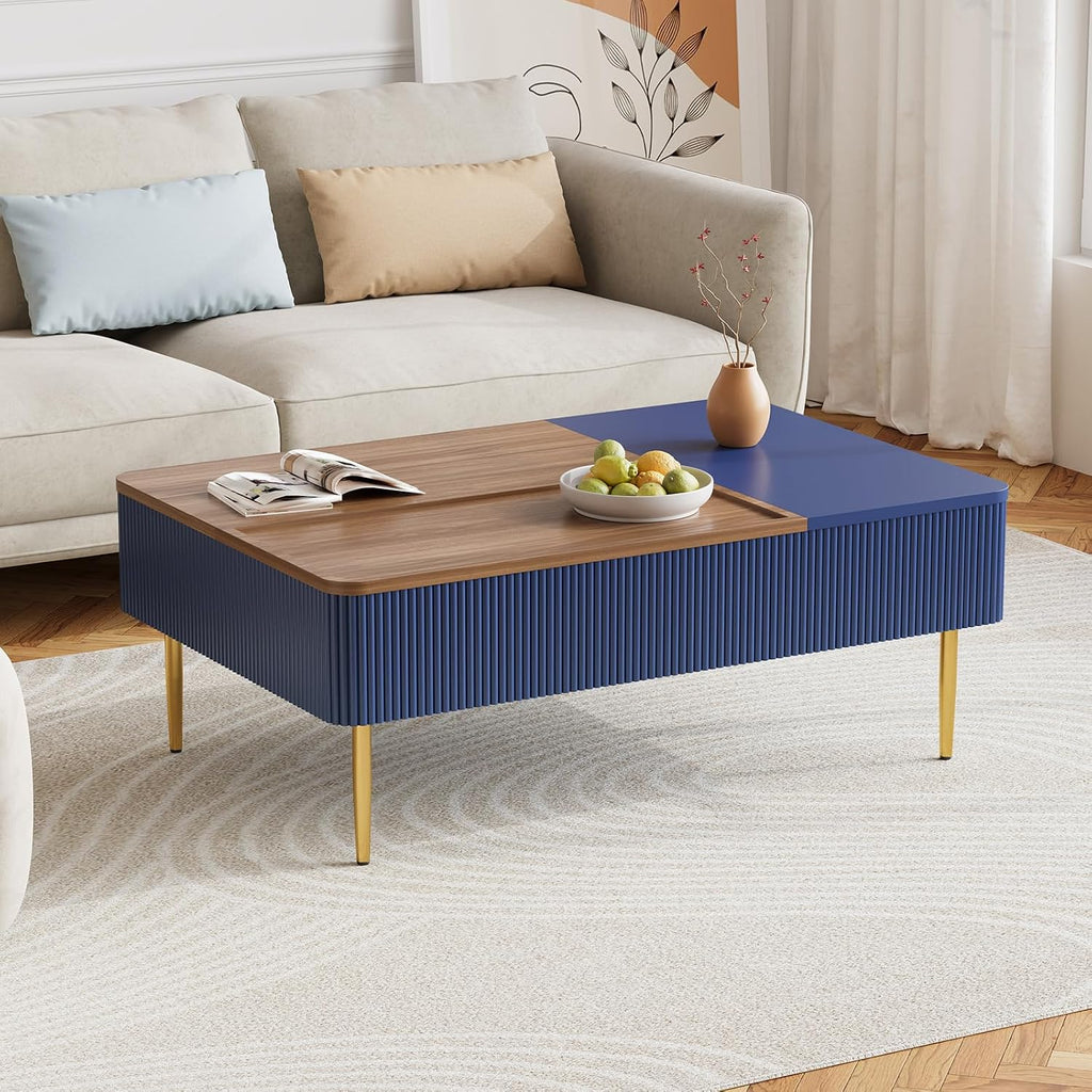 HLR 47' Dual Lift Top Coffee Table with Storage, Modern Wood Fluted Coffee Table with Hidden Compartment,Lift Tabletop Dining Center Table for Living Room, Office, Blue