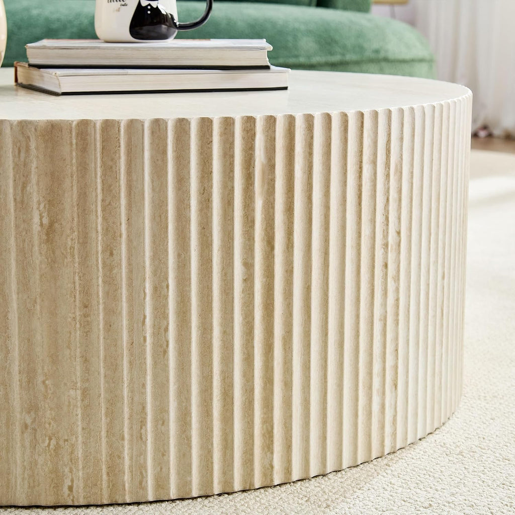 Round Coffee Table for Living Room, Circle Center Table Moder Faux Travertine Pattern Table with Relief Design for Apartment (35.43', MDF, No Assembly)