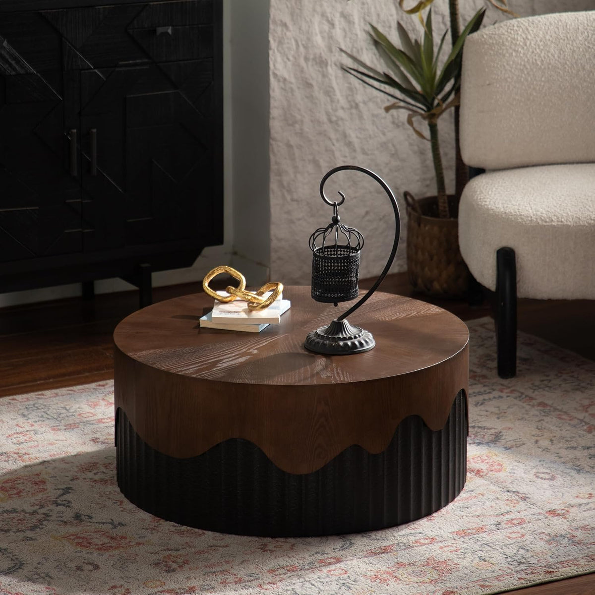 Round Coffee Table Wood Circle Modern Coffee Tables for Living Room Contemporary Fluted Center Wooden Drum Furniture Solid Wood for Apartment, Small Space No Need Assembly Ø 30.31',Walnut Brown