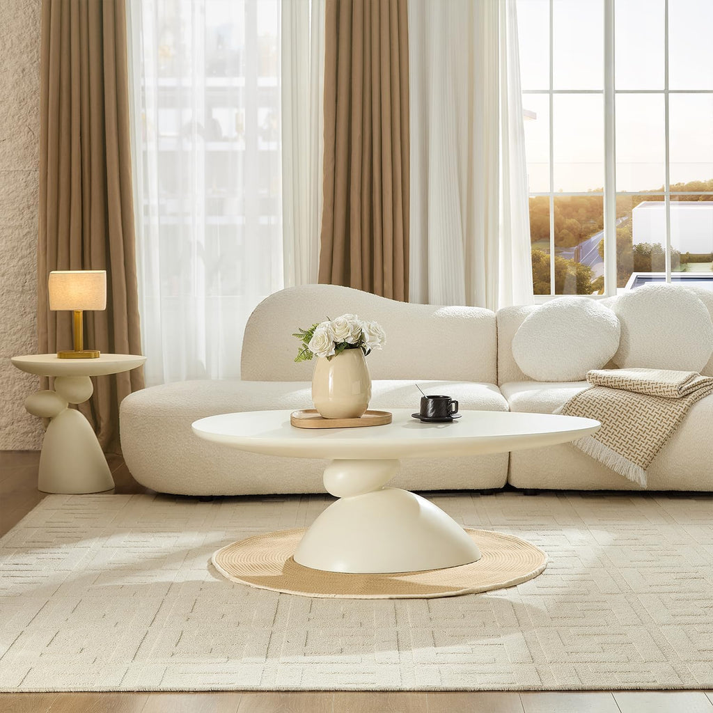 47.24' Mid-Century Modern Oval Coffee Table,Durable Fiberglass Center Table Accent Tea Table for Living Room,Apartment,Small Space,Easy Assembly (Milk White)