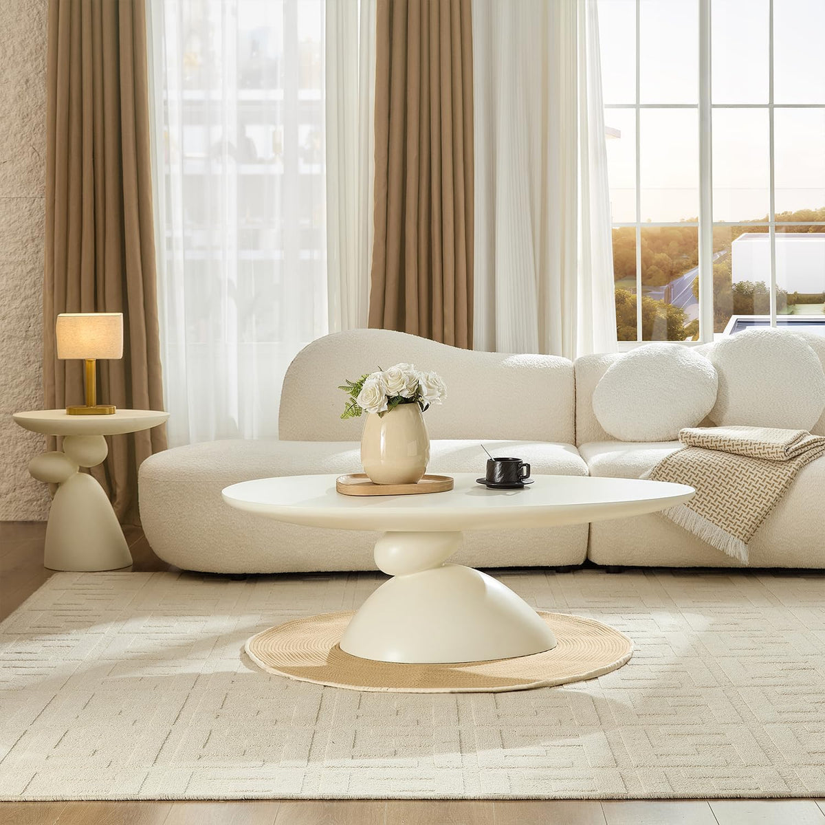 47.24' Mid-Century Modern Oval Coffee Table,Durable Fiberglass Center Table Accent Tea Table for Living Room,Apartment,Small Space,Easy Assembly (Milk White)