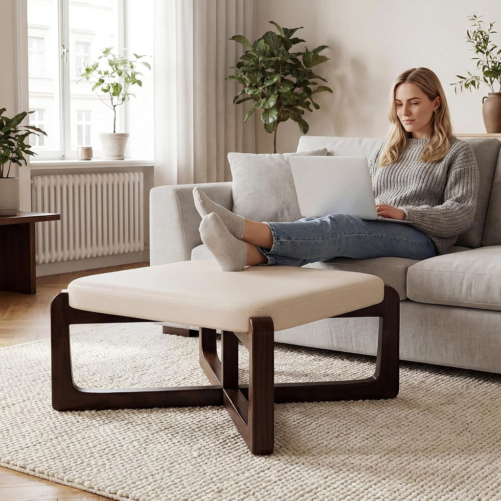 Faux Leather Square Coffee Table Ottoman,24' Coffee Table for Living Room Ottoman,Ash Wood Living Room Table,Small Footstool (Beige)