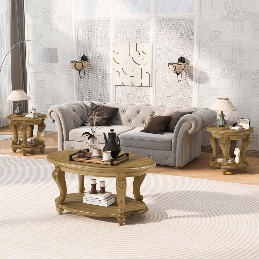 Solid Wood Coffee Table Set for Living Room, Coffee Table & 2 End Side Table 3-Piece Set with Open Storage for Office Apartment Natural